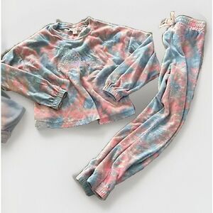 Girls Rule Tie Dye Fleece 2pc Set- Sweatshirt Jogger Pants Sz 8 Pink/blue Sequin